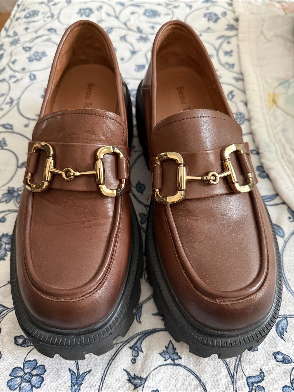 Women's Brown Leather Slip-On Loafers with Gold Bit Hardware